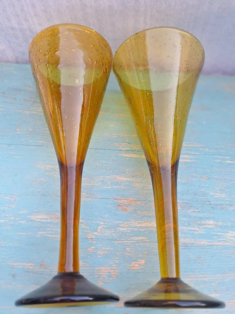Vintage Wine Goblets Bubbles Hand Blown Glass Gold Bronze Color Pair His and Her - Picture 15 of 16